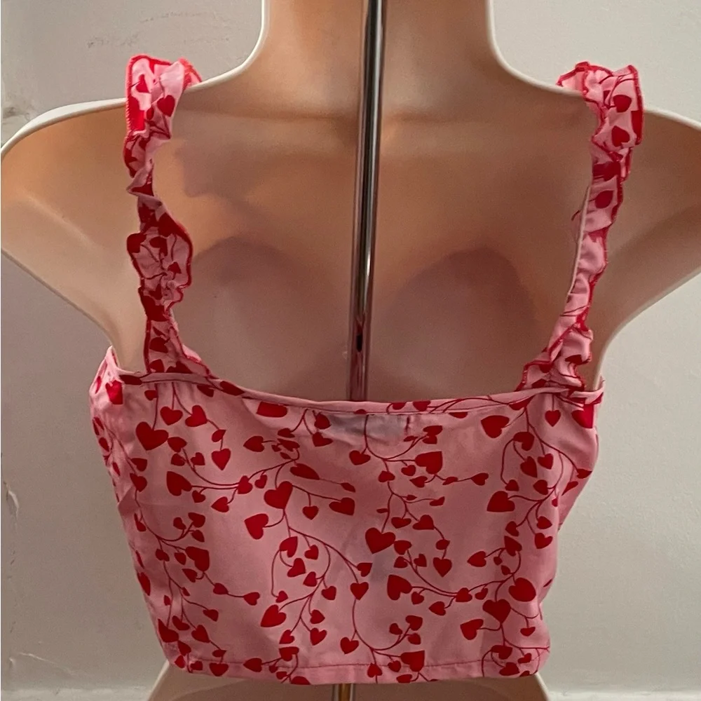 SHEIN pink red heart print all over crop top, size S Barbiecore festival summer - Picture 8 of 14
